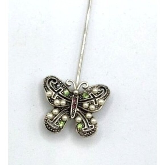 Vintage Butterfly Stick Pin, Seed Pearls, Marcasite - Picture 4 of 4